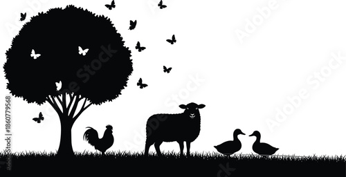 Peaceful farm landscape silhouette with tree, butterflies, sheep, rooster and ducks, rural nature scene concept, countryside animals vector illustration