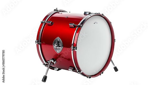 A vibrant, glossy red bass drum, showcasing its hardware and white drumhead against black
