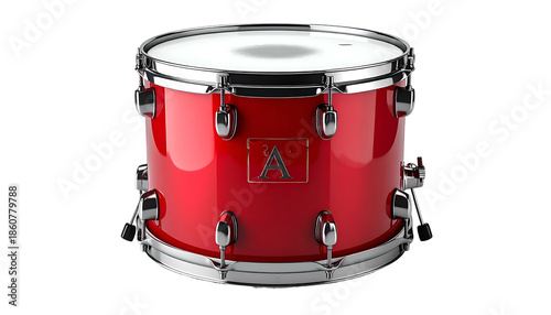 Glossy, crimson drum set with reflective chrome hardware, isolated on black background