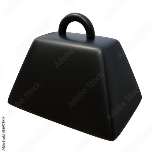 A black, trapezoidal weight with a handle sits isolated against a white background, rendered with smooth, rounded edges and soft, diffused lighting.
