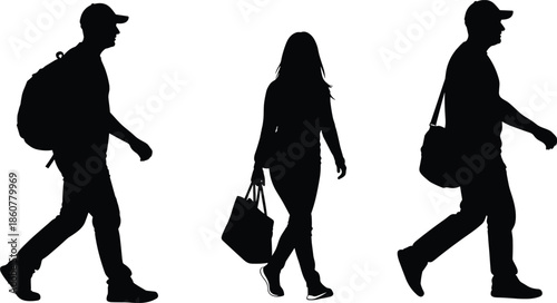 Walking people silhouettes collection, men and woman carrying bags and backpacks, urban lifestyle motion, black and white flat vector illustration for daily activities