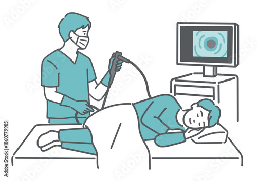 鎮静剤で眠りながら大腸カメラ検査を受ける男性のイラスト