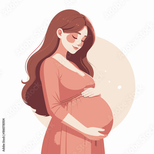 A beautiful illustration of a pregnant woman gently holding her baby bump with a serene expression.