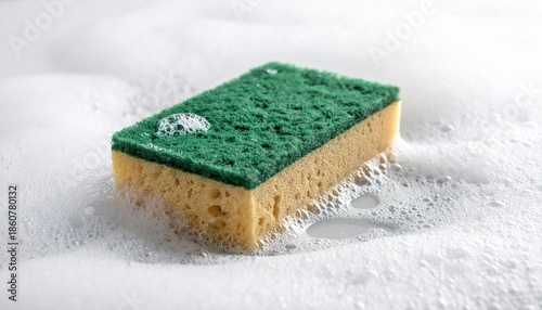 Rectangular kitchen cleaning sponge featuring a green abrasive scourer side resting in thick white dishwashing soap suds on a bright surface for domestic chores concept