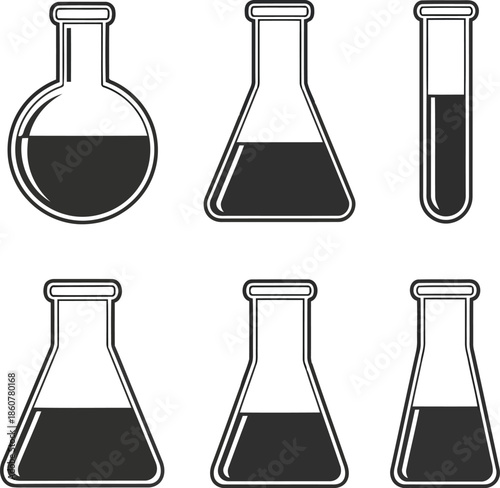 Science laboratory glassware icons: chemical flasks, beakers, test tubes vector set