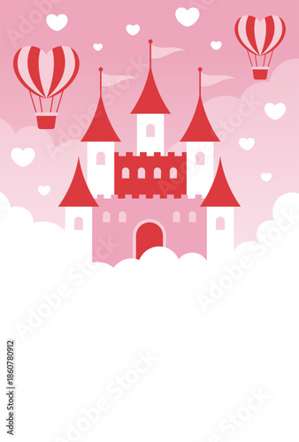 pink vector background with a fairy tale castle, heart hot air balloons and clouds in the sky for Valentine's Day, Wedding, etc.