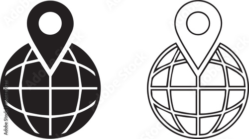 Two vector icons of a globe with a location pin marker. One is a solid black silhouette and the other is a black line art version. Ideal for logistics, travel, and global positioning concepts.
