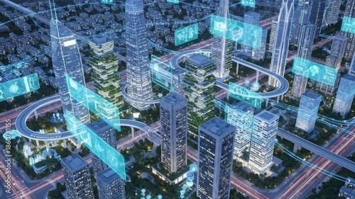 Futuristic Smart City with Digital Overlays and Advanced Technology.
