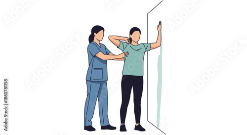 Healthcare vector illustration showing Physiotherapist assisting patient with shoulder rehabilitation and mobility recovery.