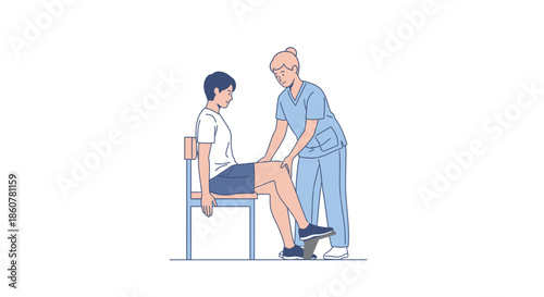 Physiotherapist Examining Patient's Knee During Rehabilitation Session. Healthcare and Injury Recovery Illustration.