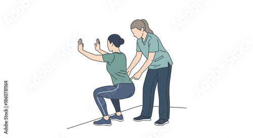 Physical therapy rehabilitation session: Physiotherapist guides female patient performing a squat exercise for recovery and strength.