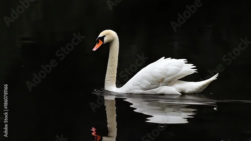 Graceful white swan swimming on dark water with reflection