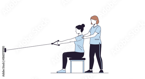 Physiotherapist Guiding Patient through Rehabilitation Exercise Therapy for Injury Recovery using Resistance Machine.