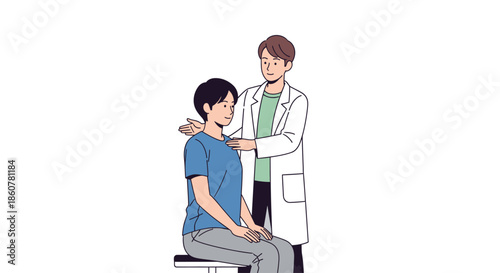Doctor performs physical examination on seated patient, checking shoulder and neck posture during medical checkup.