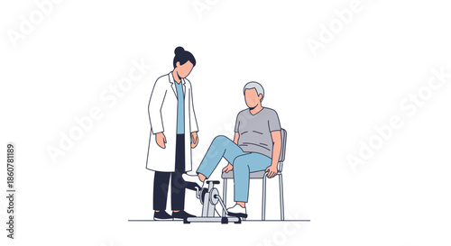 Physical therapy rehabilitation session: doctor or a Physiotherapist assists elderly male patient using pedal exercise bike for muscle recovery.