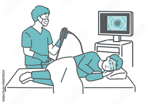 痛みや不快感を感じている大腸カメラ検査のイラスト（鎮静剤なし）