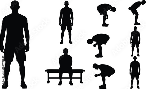 Athletic male silhouette poses standing sitting bending exercises, fitness posture movements, black human body positions vector illustration set