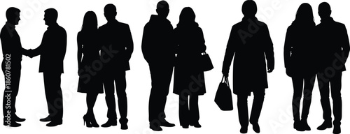 Business people silhouettes standing and walking together, professional men and women, teamwork communication concept, corporate lifestyle, isolated black figures