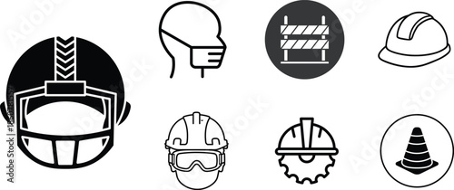 Construction Safety Helmet Icons Set with Mask Barrier and Traffic Cone