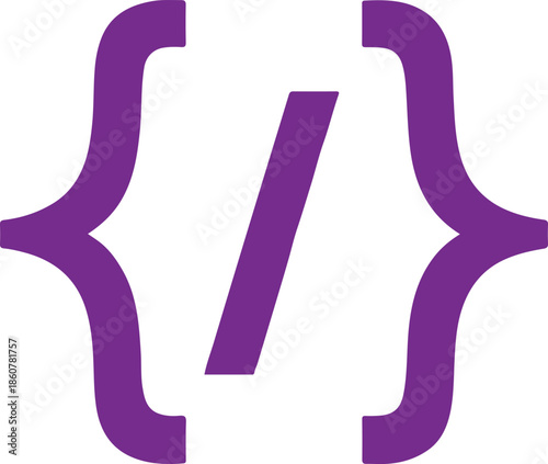A minimalist purple vector icon featuring a forward slash enclosed in curly brackets. This clean design represents programming, web development, coding syntax, and software engineering.