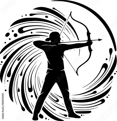 Silhouette of Archer Aiming with Bow and Arrow Inside a Swirling Artistic Circle Design
