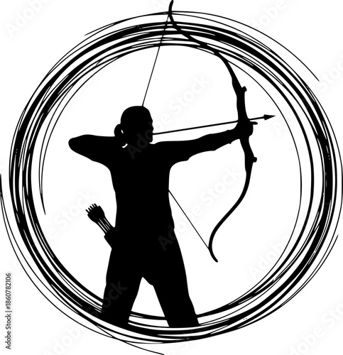 Silhouette of Archer Aiming with Bow and Arrow Inside a Swirling Artistic Circle Design

