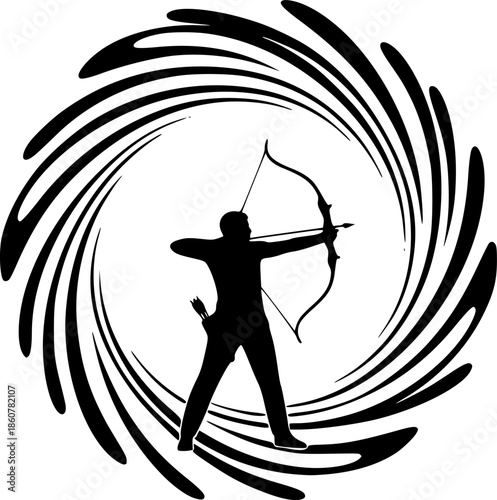 Silhouette of Archer Aiming with Bow and Arrow Inside a Swirling Artistic Circle Design
