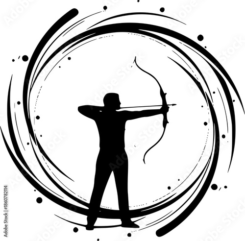 Silhouette of Archer Aiming with Bow and Arrow Inside a Swirling Artistic Circle Design
