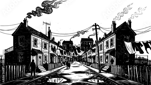 Monochrome woodcut illustration of a deprived neighborhood with
