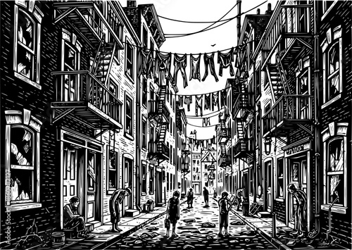 Monochrome woodcut illustration of a deprived neighborhood with
