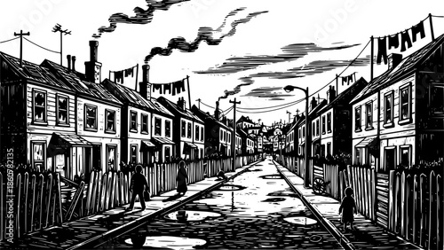 Monochrome woodcut illustration of a deprived neighborhood with
