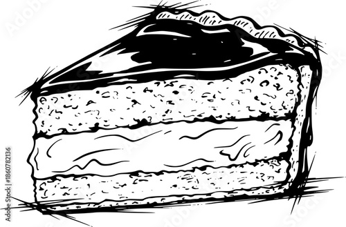 Monochrome sumi-e depiction of Boston cream pie with brush strok
