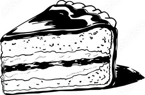 Monochrome sumi-e depiction of Boston cream pie with brush strok
