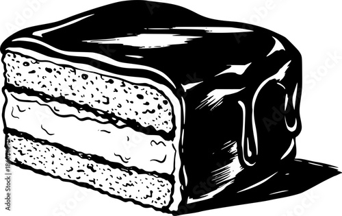 Monochrome sumi-e depiction of Boston cream pie with brush strok

