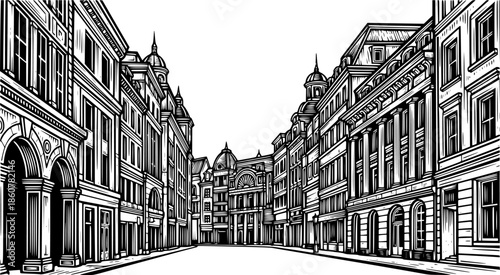 Architectural street in woodcut style, black and white linear il
