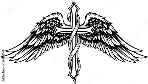 Angelic Wings and Cross, Create an abstract fusion of angelic wings forming the shape of a cross
