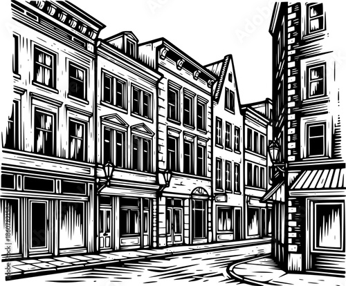 Architectural street in woodcut style, black and white linear il
