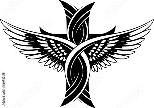 Angelic Wings and Cross, Create an abstract fusion of angelic wings forming the shape of a cross
