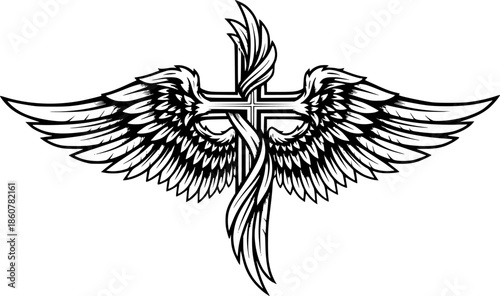 Angelic Wings and Cross, Create an abstract fusion of angelic wings forming the shape of a cross
