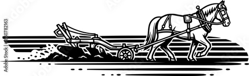 Monochrome illustration of a horse-drawn plow tilling farmland i
