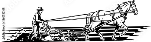 Monochrome illustration of a horse-drawn plow tilling farmland i
