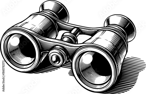 Elegant woodcut style illustration featuring vintage opera glass
