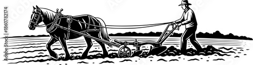 Monochrome illustration of a horse-drawn plow tilling farmland i
