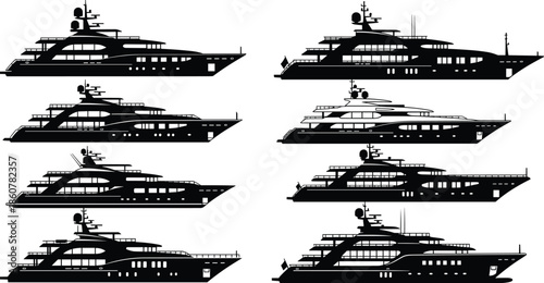Luxury yacht silhouette collection showcasing elegant modern superyacht profiles, detailed nautical vessel 