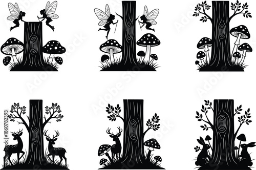 Magical forest fairy and woodland animal silhouette vector set with trees, mushrooms, deer, rabbits, enchanted nature fantasy illustration, black and white design