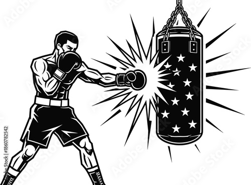 Male boxer hitting punching bag with powerful punch, black and white vector illustration isolated on white background, gym sport training mascot design.