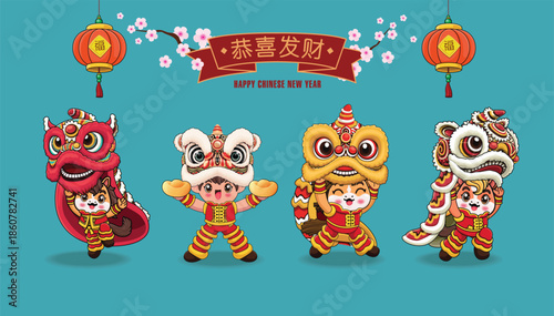 Vintage Chinese new year poster design with horse character. Chinese wording means Wishing you prosperity and wealth, Prosperity.