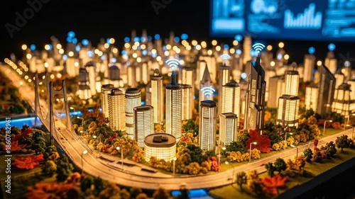 Illuminated Cityscape Model at Night with Detailed Architecture.