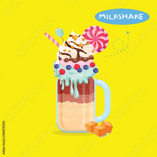 Loaded Milkshake with Toppings Illustration, topped with whipped cream, blueberries, a lollipop, and a marshmallow on a bright yellow background