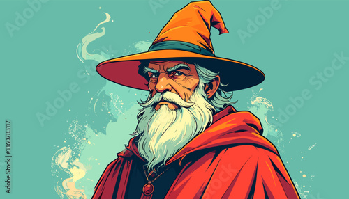 Intense Wizard Portrait with Pointed Hat and Flowing Beard.
